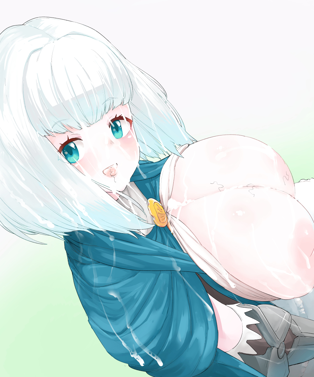 1girl after_paizuri aftersex breasts breasts_out clothes cum cum_in_mouth cum_on_body cum_on_breasts cum_on_clothes cum_on_hair cum_on_tongue cum_on_upper_body facial female_focus gradient_background green_eyes highres huge_breasts inverted_nipples long_hair medium_hair open_mouth pt sharon_(unicorn_overlord) sitting smile solo stray_pubic_hair unicorn_overlord white_hair