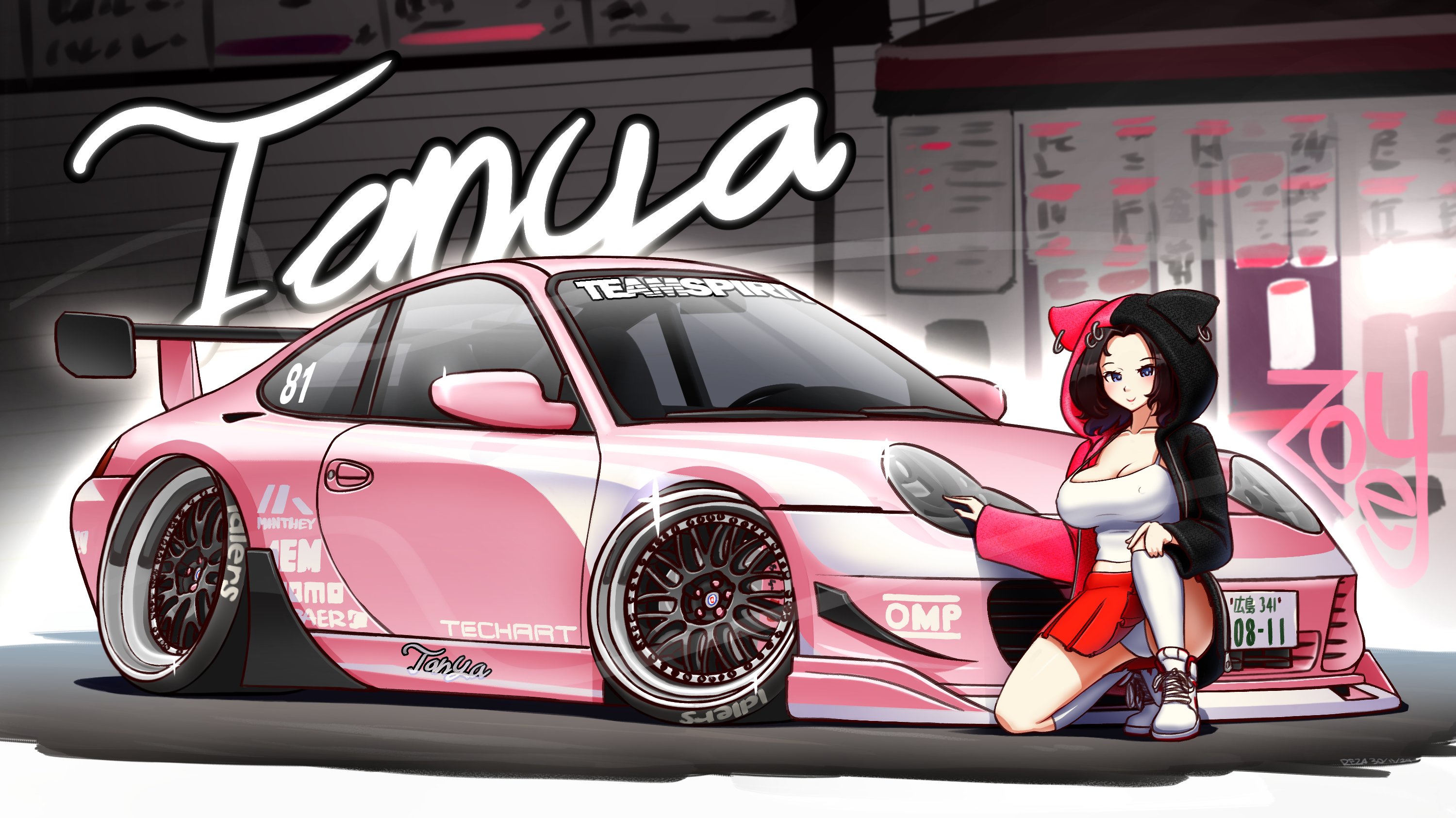 1girl animal_ear_hood black_hair black_hoodie blue_eyes blush breasts car character_name commentary commission english_commentary fake_animal_ears hand_on_own_knee highres hood hoodie large_breasts looking_at_viewer midriff_peek motor_vehicle onlyarandomuser original panties pink_car porsche porsche_911 porsche_996 red_hoodie red_skirt shoes short_hair skirt smile sneakers socks solo split-color_clothes spoiler_(automobile) sports_car squatting stance_(vehicle) underwear vehicle_focus white_panties white_shoes white_socks