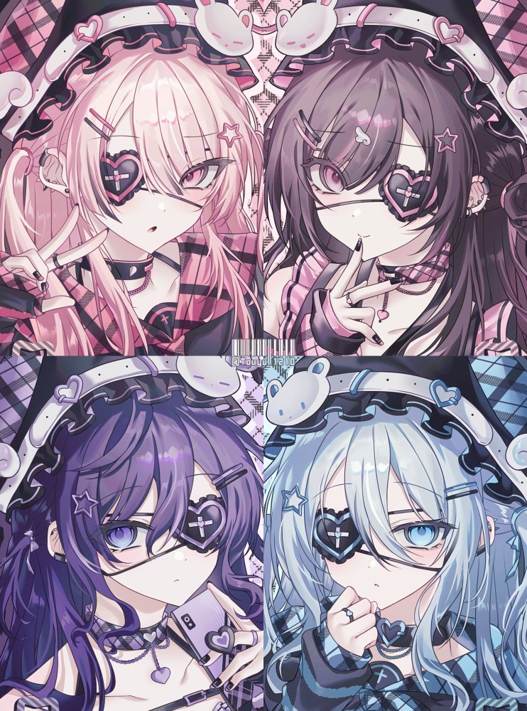 1other 25-ji_nightcord_de._(project_sekai) 3girls akiyama_mizuki alternate_eye_color asahina_mafuyu barcode bare_shoulders black_arm_warmers black_choker black_nails blue_arm_warmers blue_eyes blue_hair blue_sailor_collar blush bow brown_hair choker closed_mouth collarbone double-parted_bangs ear_piercing eyepatch finger_to_mouth gradient_eyes hair_between_eyes hair_bow hair_ornament hand_on_own_chin hashtag-only_commentary heart heart_choker heart_eyepatch holding holding_phone inward_v jewelry long_hair looking_at_viewer multicolored_eyes multiple_girls nail_polish parted_lips phone piercing pink_arm_warmers pink_choker pink_eyes pink_hair pink_sailor_collar plaid_background plaid_choker plaid_clothes plaid_sailor_collar portrait project_sekai purple_bow purple_choker purple_eyes purple_hair ring sailor_collar shinonome_ena smile spiked_choker spiked_ear_piercing spikes star_(symbol) star_hair_ornament striped_arm_warmers tongue touyu_1210 twitter_username two-tone_eyes two_side_up v yoisaki_kanade
