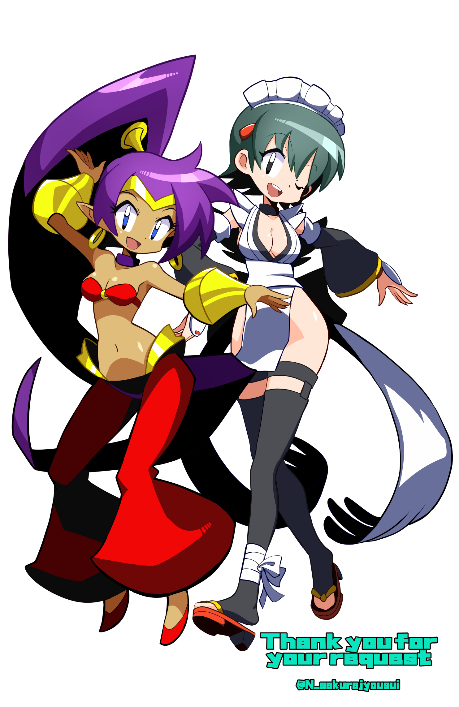 2girls blue_eyes breasts cleavage detached_sleeves highres iroha_(samurai_spirits) large_breasts long_hair maid maid_headdress multiple_girls navel sakurajyousui_nami samurai_spirits shantae shantae_(series) snk thighhighs