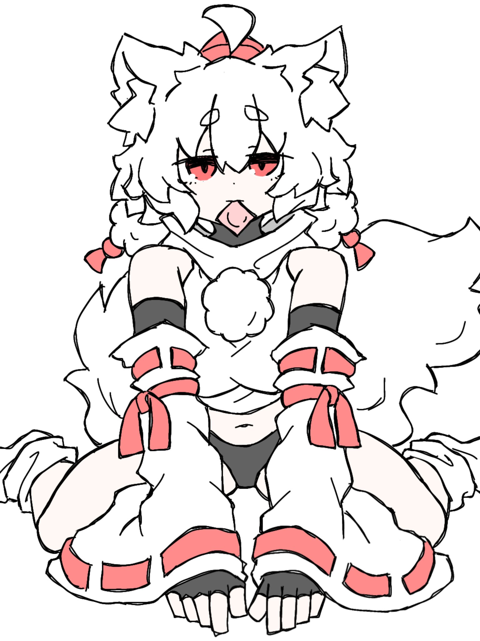 1girl ahoge animal_ear_fluff animal_ears black_gloves black_panties breasts closed_mouth condom condom_in_mouth condom_wrapper detached_sleeves elbow_gloves expressionless fingerless_gloves full_body fumomono gloves hat highres inubashiri_momiji looking_at_viewer medium_breasts mouth_hold navel no_pants panties pom_pom_(clothes) red_eyes red_hat ribbon-trimmed_sleeves ribbon_trim shirt short_hair simple_background sitting sleeveless sleeveless_shirt solo tail tokin_hat touhou turtleneck turtleneck_shirt underwear wariza white_background white_hair white_shirt white_sleeves wolf_ears wolf_girl wolf_tail