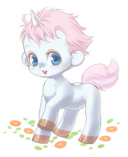 1980s_(style) 1boy blue_eyes flower horns kaijyu-9 kujou_kiyo looking_at_viewer male_focus retro_artstyle pink_hair retro_artstyle single_horn smile solo tail unico unico_(character) unicorn white_background
