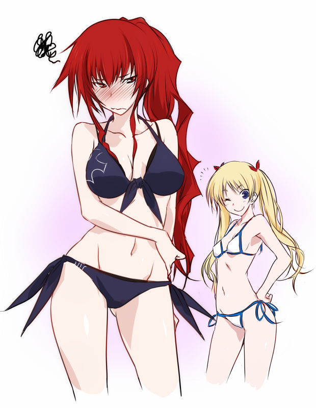 2girls ;) bare_shoulders bikini black_bikini blonde_hair blue_eyes blush breasts christiane_friedrich embarrassed front-tie_top full-face_blush groin hand_on_own_hip hip_focus kawagishi_keitarou large_breasts long_hair maji_de_watashi_ni_koi_shinasai! maji_de_watashi_ni_koi_shinasai!_s margit_eberbach multiple_girls navel one_eye_closed purple_eyes red_eyes red_hair side-tie_bikini_bottom side_ponytail smile string_bikini swimsuit twintails wagi white_bikini wink