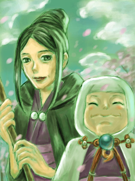2girls ace_attorney bikini_(ace_attorney) black_eyes cherry_blossoms closed_eyes elise_deauxnim hair_up holding holding_staff looking_at_viewer magatama multiple_girls nun phoenix_wright:_ace_attorney_-_trials_and_tribulations staff upper_body vesperster