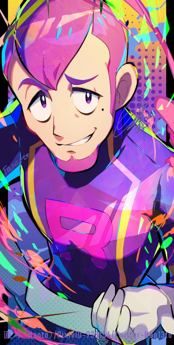 1boy belt commentary_request gloves highres jacket logo male_focus mole mole_under_eye naoto_(yandereheaven) nintendo parted_lips petrel_(pokemon) pixiv_id pokemon pokemon_hgss purple_eyes purple_hair short_hair signature smile solo team_rocket team_rocket_uniform white_gloves
