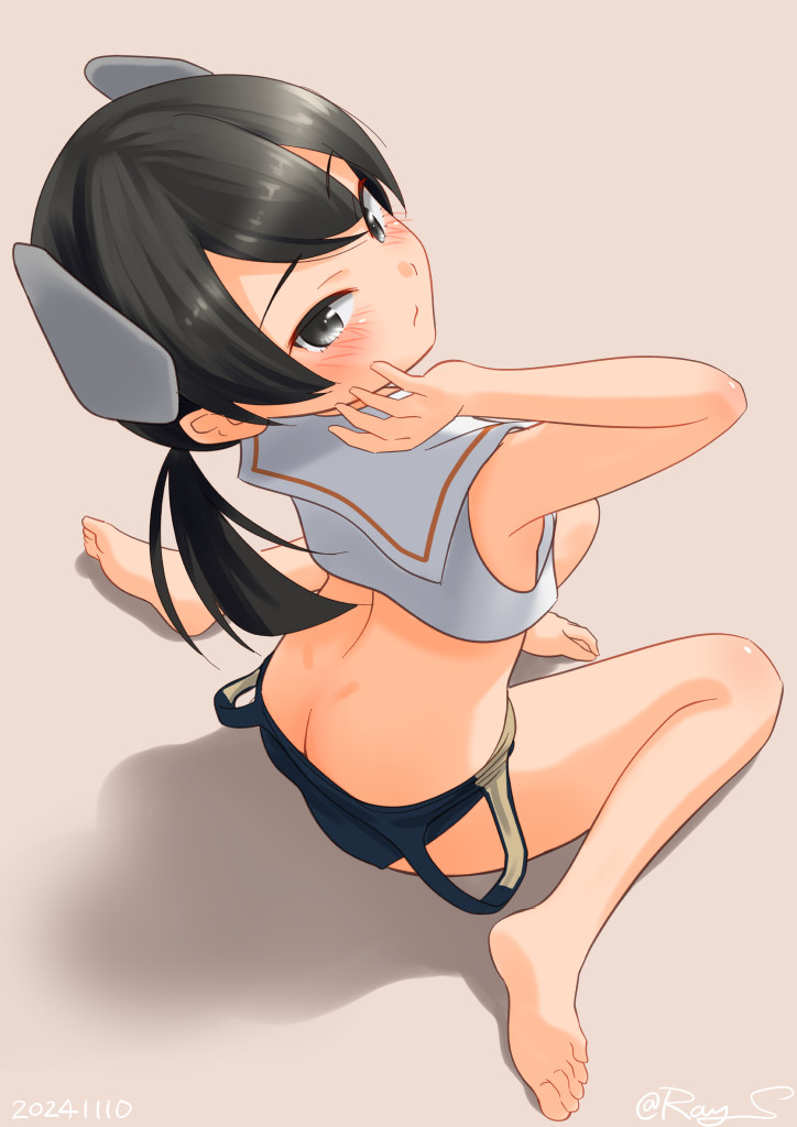 1girl ass barefoot black_hair black_one-piece_swimsuit brown_background butt_crack clothes_pull feet from_above from_behind grey_eyes headgear i-41_(kancolle) kantai_collection looking_at_viewer low_ponytail medium_hair one-hour_drawing_challenge one-piece_swimsuit one-piece_swimsuit_pull ponytail ray.s sailor_collar sailor_shirt shadow shirt simple_background sitting sleeveless sleeveless_shirt soles solo swimsuit toes wariza white_sailor_collar