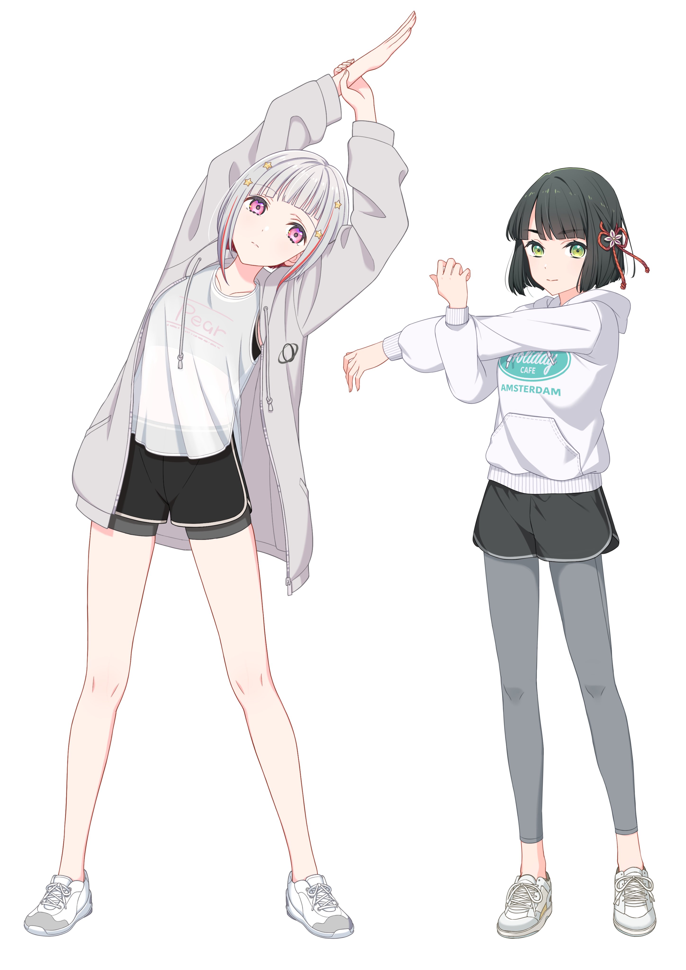 2girls absurdres arms_up bike_shorts bike_shorts_under_shorts black_hair black_shorts black_sports_bra blunt_bangs blunt_ends bob_cut breasts closed_mouth clothes_writing collarbone colored_inner_hair commentary_request diagonal_bangs dolphin_shorts flower flower_knot frown full_body green_eyes grey_hair grey_jacket grey_leggings hair_flower hair_ornament highres hood hood_down hooded_jacket hoodie inverted_bob jacket leggings leggings_under_shorts link!_like!_love_live! long_sleeves looking_to_the_side love_live! momose_ginko momose_ginko_(summer_training_wear) multicolored_hair multiple_girls official_alternate_costume official_art open_clothes open_jacket pink_eyes puffy_long_sleeves puffy_sleeves red_hair second-party_source see-through_clothes see-through_midriff see-through_tank_top shoes short_hair short_shorts shorts sideways_glance simple_background small_breasts sneakers sports_bra sports_bra_visible_through_clothes standing star_(symbol) star_hair_ornament streaked_hair stretching tank_top transparent_background virtual_youtuber white_hoodie white_shoes white_tank_top yugiri_tsuzuri yugiri_tsuzuri_(summer_training_wear)