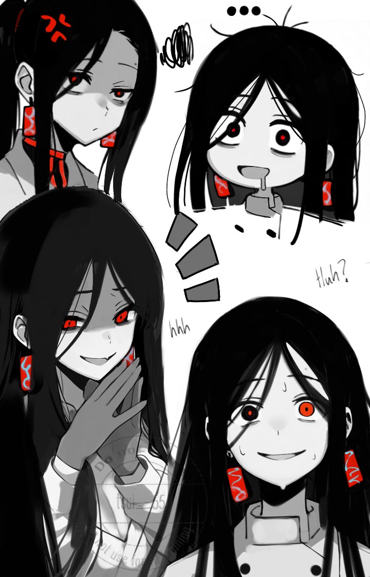 ... 1girl anger_vein bags_under_eyes black_eyes black_hair breasts butcher_vanity_(synthesizer_v) buttons cleavage closed_mouth crazy_smile drooling earrings food-themed_earrings hashtag-only_commentary heterochromia jewelry long_hair mole mole_above_eye monochrome multiple_views no_to_ai_generated_images_(alexander_nanitchkov) open_mouth own_hands_together ponytail red_eyes red_pupils shirt simple_background smile spot_color squiggle sweat synthesizer_v tsui55 white_background yi_xi_(synthesizer_v)