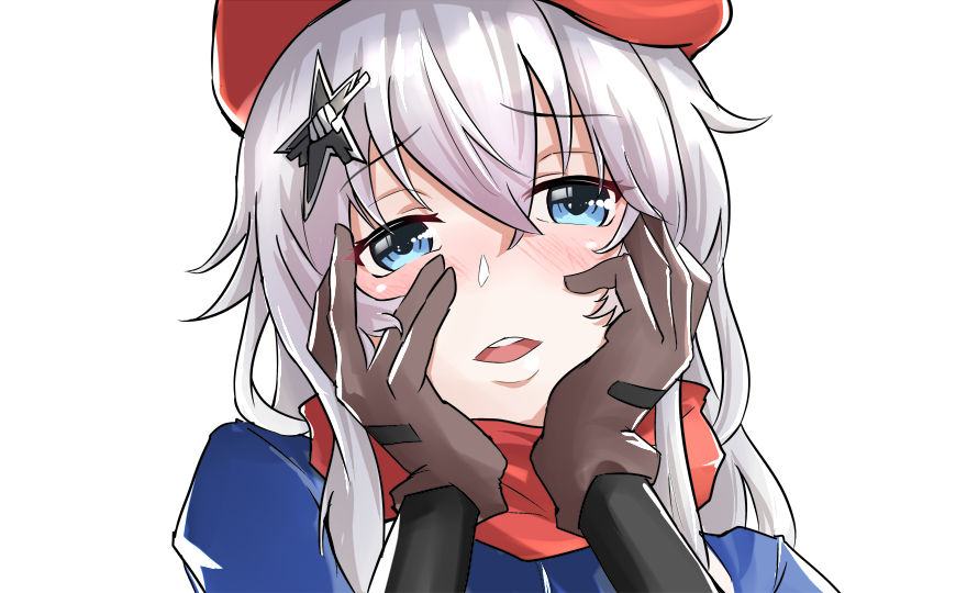 1girl 9a-91_(girls&#039;_frontline) bad_id bad_pixiv_id beret blue_eyes female_focus girls&#039;_frontline gloves hair_ornament hat looking_at_viewer niceratus_kiotensis red_hat scarf solo star_(symbol) star_hair_ornament white_background white_hair yandere_trance