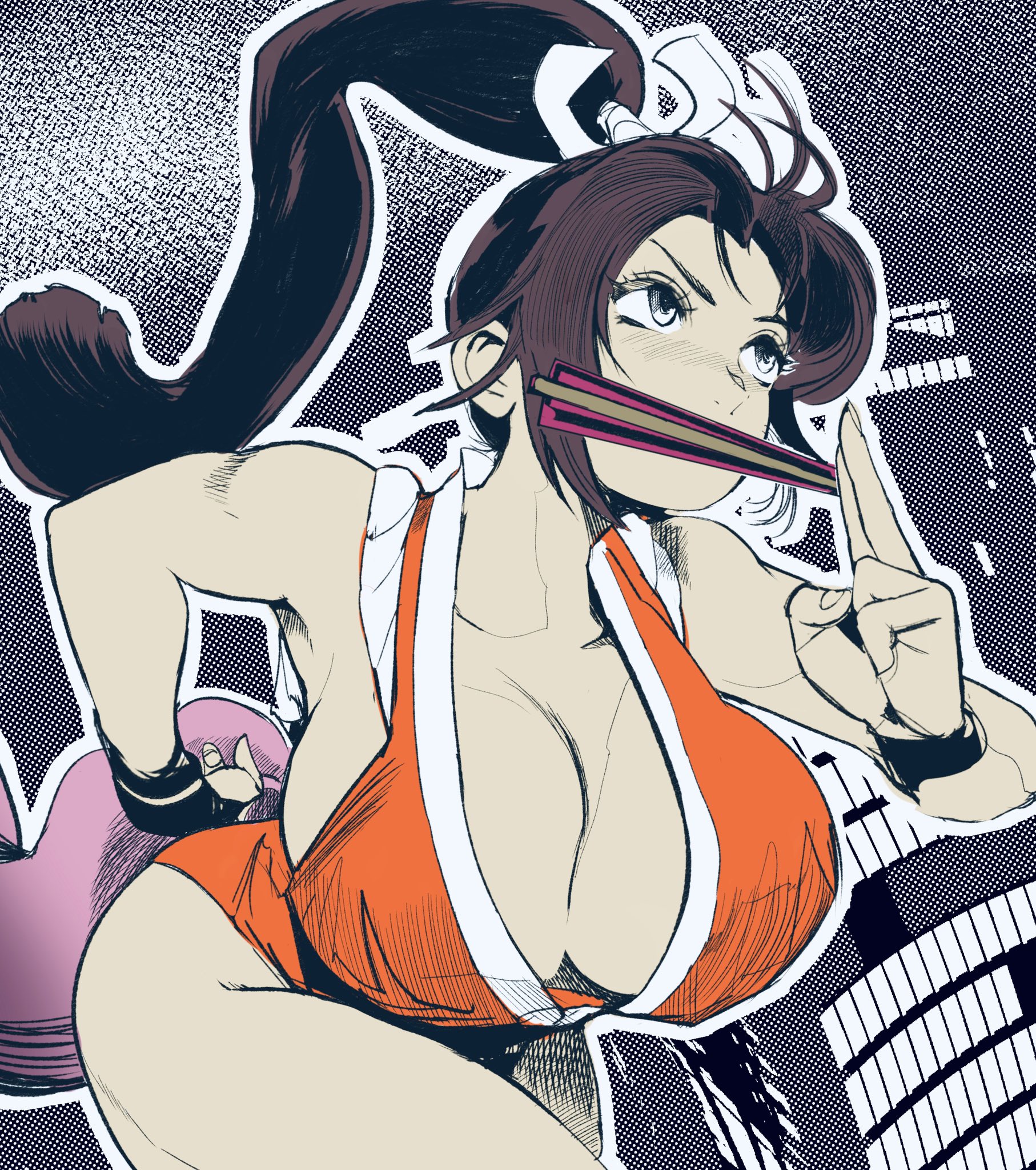 1girl antenna_hair arm_guards bare_shoulders breasts brown_hair cleavage fatal_fury female_focus folded_fan folding_fan from_below grey_eyes hand_fan high_ponytail highres hiroshi_mono huge_breasts japanese_clothes kuji-in long_hair motoyui mouth_hold ninja pelvic_curtain ponytail revealing_clothes running shiranui_mai snk solo the_king_of_fighters