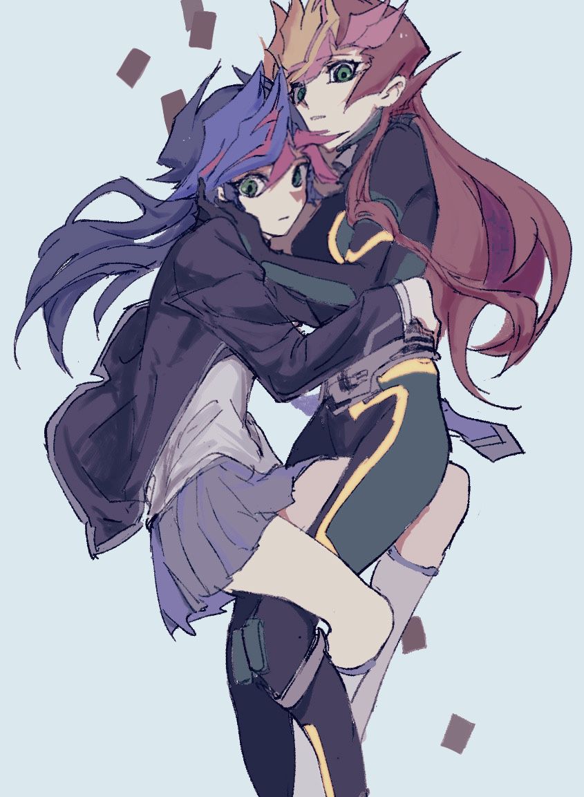 2girls alternate_form belt black_bodysuit black_hair black_jacket blazer bodysuit card colored_bangs facing_another facing_to_the_side floating_card fujiki_yusaku genderswap genderswap_(mtf) green_bodysuit green_eyes grey_belt grey_skirt hand_on_another&#039;s_back hand_on_another&#039;s_cheek hand_on_another&#039;s_face hands_on_another&#039;s_shoulders holding_another&#039;s_waist hug jacket knees_up looking_at_viewer looking_to_the_side multiple_girls novale110 open_clothes open_jacket playmaker_(yu-gi-oh!) pleated_skirt red_hair school_uniform shirt skirt socks spiked_hair thighhighs two-tone_bodysuit untucked_shirt white_background white_shirt white_socks yellow_trim yu-gi-oh! yu-gi-oh!_vrains