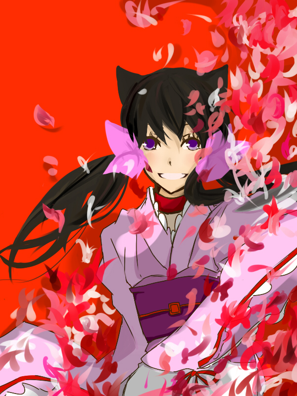 1girl aine_(artist) aine_(haibane) animal_ears bad_id bad_pixiv_id black_hair female_focus grin japanese_clothes kimono long_hair otome_youkai_zakuro petals purple_eyes red_background smile solo teeth zakuro zakuro_(otome_youkai_zakuro)