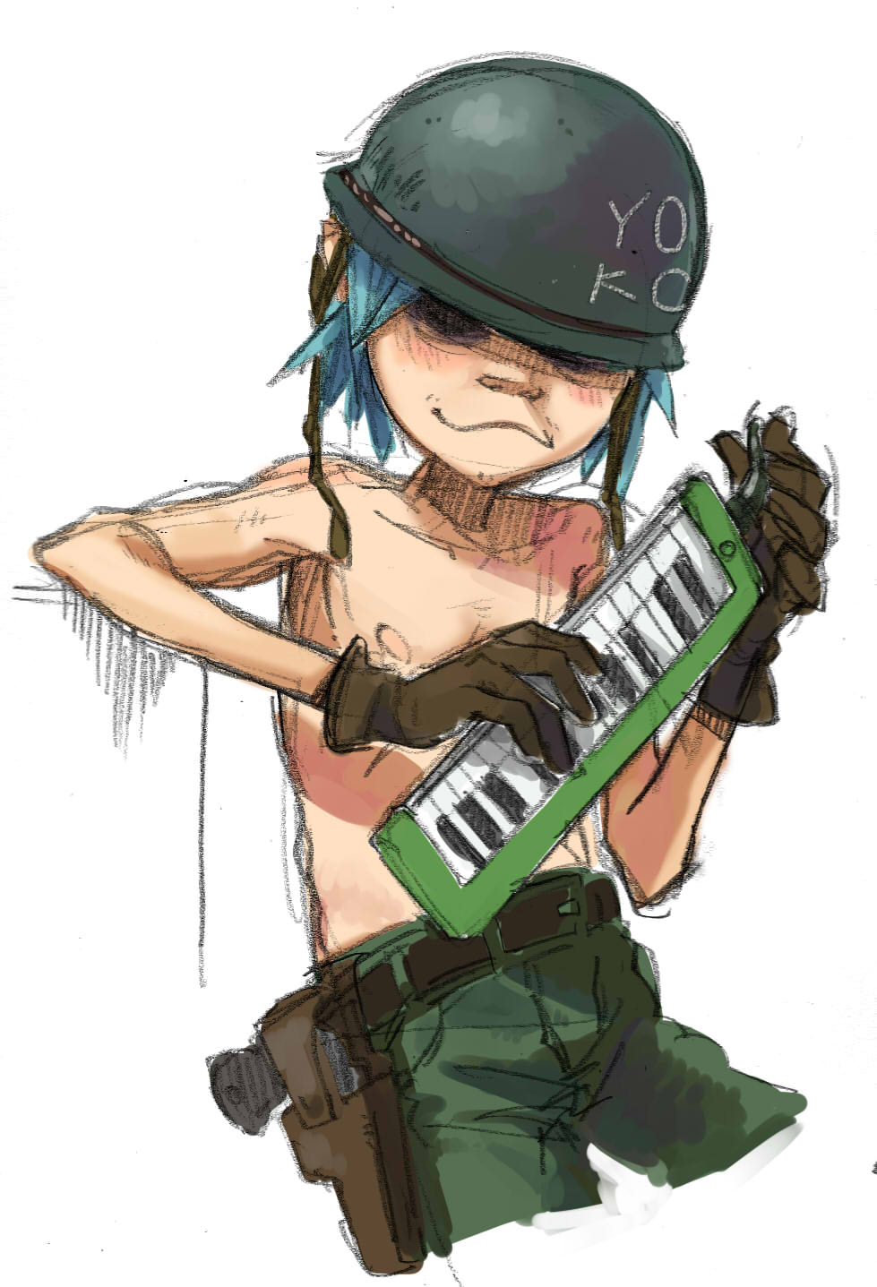 1boy a-ka belt blue_hair empty_eyes gloves gorillaz gun gunbelt helmet highres instrument keyboard_(instrument) male_focus melodica sketch solo stuart_pot topless_male weapon