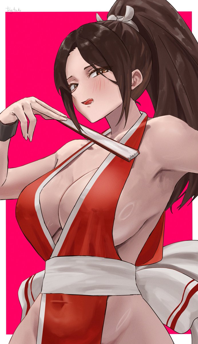 1girl armpits bad_tag blush border breasts brown_eyes brown_hair commentary covered_navel crossover fatal_fury folded_fan folding_fan groin hand_fan high_ponytail highres holding holding_fan large_breasts long_hair looking_at_viewer outside_border pink_background ponytail saliva shiranui_mai simple_background solo street_fighter street_fighter_6 tngtaku tongue tongue_out white_border