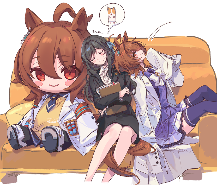 2girls agnes_tachyon&#039;s_trainer agnes_tachyon_(umamusume) ahoge animal_ears black_hair black_skirt brown_hair closed_eyes closed_mouth collared_shirt couch doqute_stuffed_doll ear_ornament feet_out_of_frame female_trainer_(umamusume) hair_between_eyes hair_ribbon holding_binder horse_ears horse_girl horse_tail lab_coat long_hair looking_at_viewer multiple_girls on_couch pencil_skirt purple_shirt red_eyes ribbon school_uniform shirt simple_background skirt small_sweatdrop smile speech_bubble tail thought_bubble tracen_school_uniform trainer_(umamusume) umamusume welchino white_background