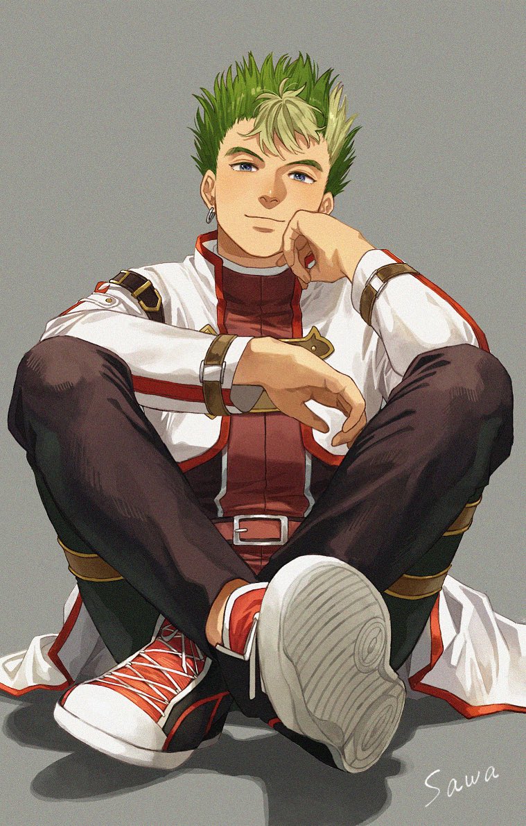1boy artist_name belt black_shoes blue_eyes coat collared_coat commentary cross-laced_footwear crossed_legs earrings eiyuu_densetsu green_hair jewelry kevin_graham light_smile looking_at_viewer male_focus red_shirt red_shoes sawaponu3 shirt shoes short_hair sitting solo sora_no_kiseki white_coat