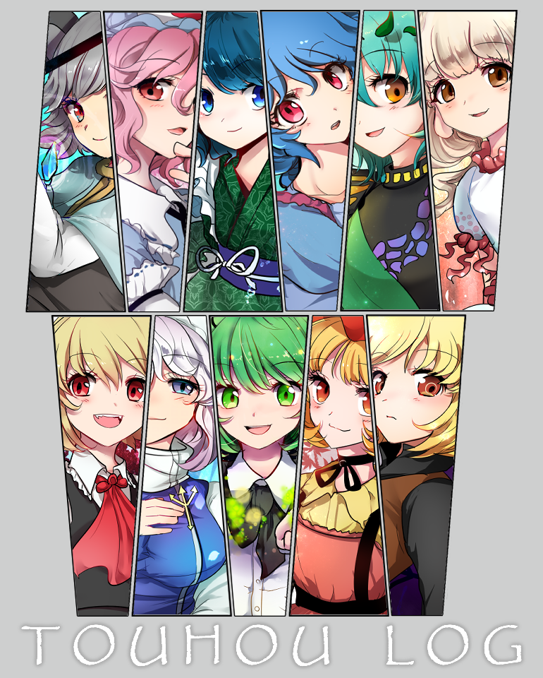 6+girls aki_minoriko antennae aqua_hair ascot black_bow black_neckwear black_shirt blonde_hair blue_dress blue_eyes blue_hair blue_headwear blue_shirt bow bow_choker brown_eyes brown_vest capelet choker collar dress earlobes ebisu_eika eternity_larva frilled_collar frilled_dress frills green_eyes green_hair green_kimono grey_hair grey_vest hand_on_own_face hat japanese_clothes jewelry kimono kurodani_yamame leaf letty_whiterock light_purple_hair long_earlobes long_sleeves makotono_(makotono_00) maple_leaf mob_cap multiple_girls nazrin necktie obi open_mouth orange_dress pendant pink_hair polka_dot red_bow red_eyes red_headwear red_neckwear rumia saigyouji_yuyuko sash seiran_(touhou) shirt short_hair short_sleeves sleeve_cuffs smile stage_connection touhou vest wakasagihime wavy_hair white_dress white_hair white_headwear white_shirt wing_collar wriggle_nightbug yellow_shirt