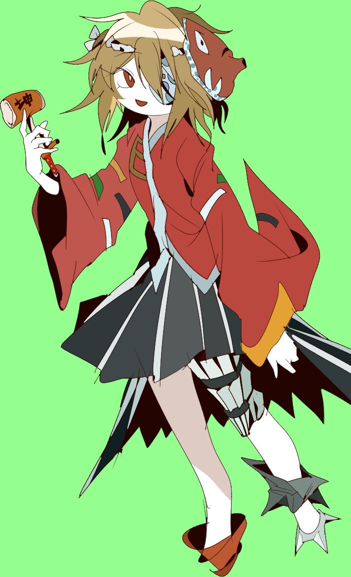 1other ametsukana_yago androgynous black_hakama bright_pupils brown_hair colored_skin cropped_legs green_background hachimaki hakama hakama_short_skirt hakama_skirt headband holding holding_mallet hyottoko_mask japanese_clothes kimono len&#039;en ling_s long_sleeves mallet mask mask_on_head nejiri_hachimaki open_mouth other_focus red_eyes red_kimono short_hair simple_background sketch skirt smile solo white_headband white_pupils white_skin wide_sleeves