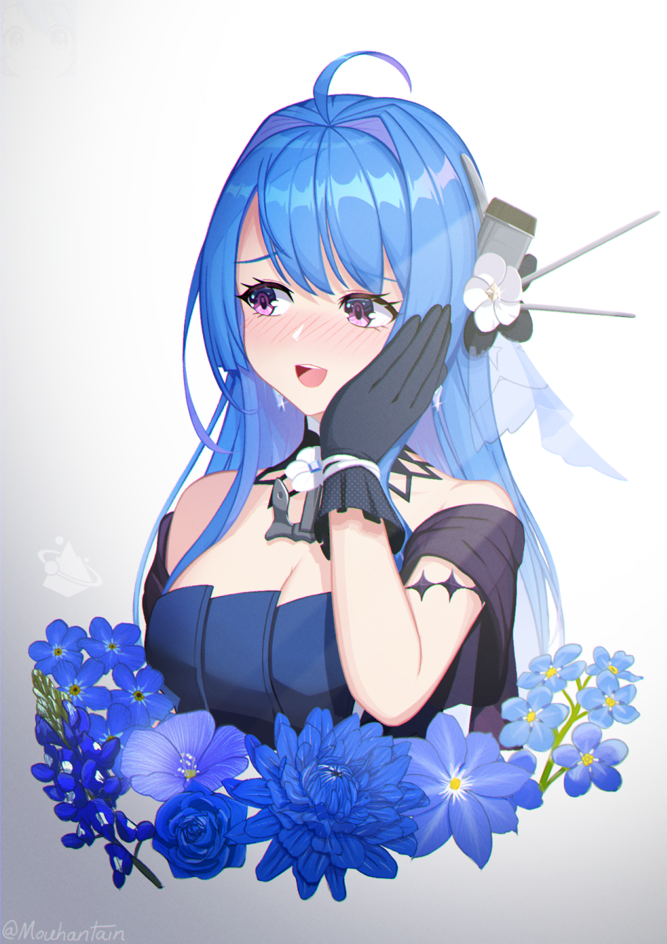 1girl ahoge azur_lane bare_shoulders blue_dress blue_hair blush breasts cleavage clematis_(flower) detached_collar dress earrings evening_gown flower forget-me-not_(flower) gradient_background hand_on_own_cheek hand_on_own_face helena_(azur_lane) helena_(may_i_have_this_dance?)_(azur_lane) highres jewelry long_hair md5_mismatch medium_breasts mouhantain multicolored_hair official_alternate_costume open_mouth purple_eyes purple_flower purple_hair resolution_mismatch simple_background solo source_larger strapless strapless_dress two-tone_hair upper_body white_flower
