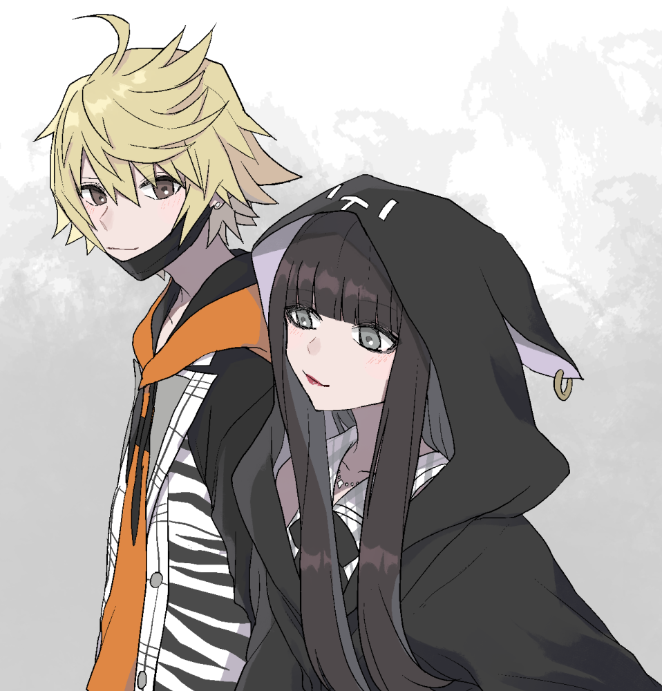 1boy 1girl animal_hood black_hair black_mask blonde_hair blunt_bangs blush brown_eyes cat_hood closed_mouth commentary_request grey_background grey_eyes hime_cut hood hood_up hoodie jyaco7777 kanade_rindo lips lipstick looking_at_viewer makeup mask mouth_mask nyantan orange_hoodie red_lips sakurane_shoka shin_subarashiki_kono_sekai short_hair simple_background smile subarashiki_kono_sekai unworn_mask