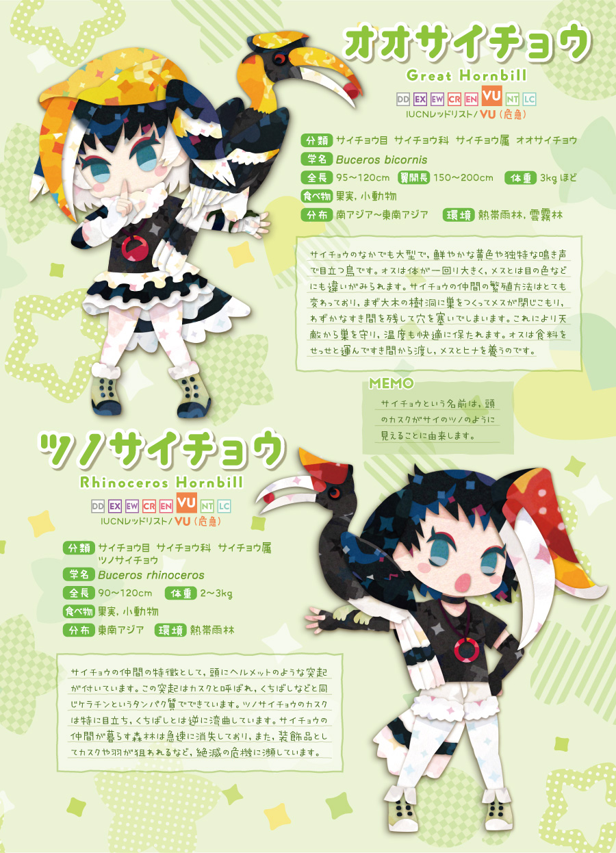 2girls animal bird bird_girl bird_tail bird_wings blue_eyes boots elbow_gloves feathered_wings fingerless_gloves gloves great_hornbill_(kemono_friends) green_background hat head_wings highres jewelry kemono_friends kikuchi_milo looking_at_viewer multicolored_hair multiple_girls necklace pantyhose rhinoceros_hornbill_(kemono_friends) shirt short_hair shorts simple_background skirt t-shirt tail translation_request wings