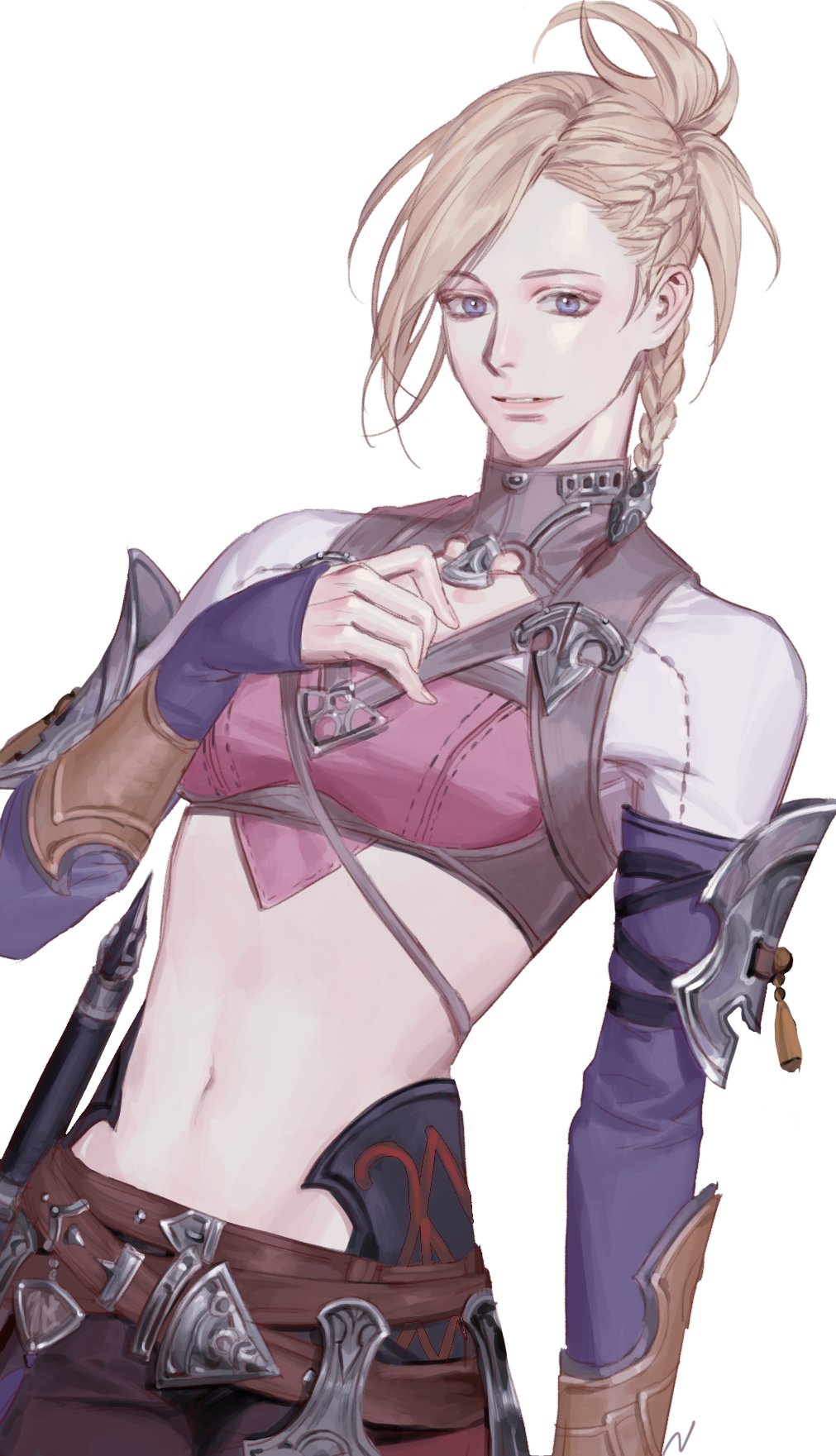 1girl arm_at_side arm_guards belt blonde_hair blue_eyes braid commentary_request cowboy_shot crop_top detached_sleeves final_fantasy final_fantasy_xiv from_side hand_on_own_chest hand_up highres hyur korean_commentary looking_at_viewer midriff minfilia_warde multiple_belts multiple_braids navel nessie_(ni_t) parted_lips short_hair side_braids simple_background sleeves_past_wrists smile solo standing swept_bangs white_background
