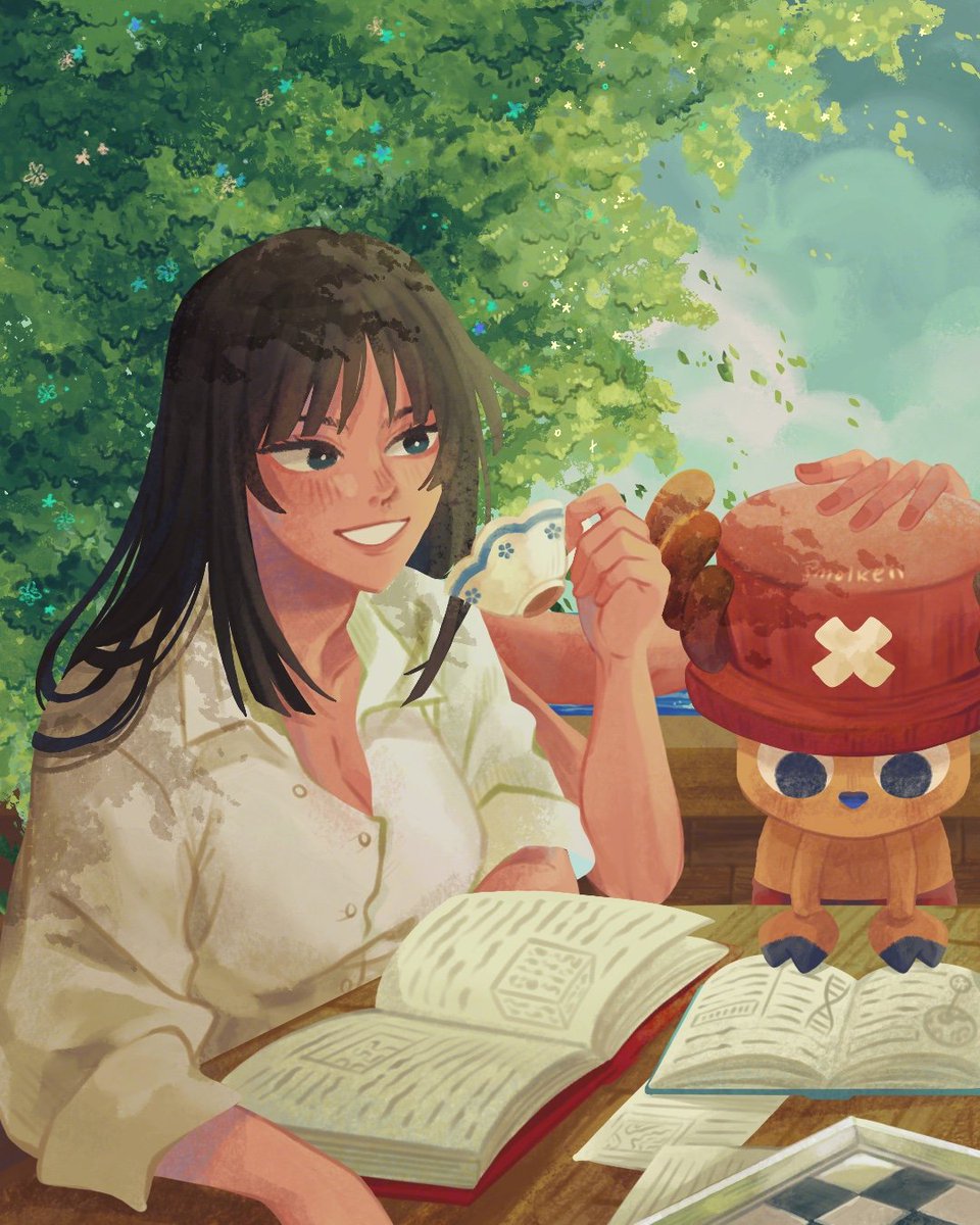 1boy 1girl antlers black_hair blue_eyes blunt_bangs book collared_shirt commentary cross cup extra_arms hana_hana_no_mi hat highres holding holding_cup horns long_hair nico_robin nico_robin_(alabasta) one_piece outdoors pink_hat reading reindeer_antlers shirt smile smolkeii tony_tony_chopper tree upper_body white_shirt