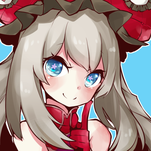 1girl blue_background blue_eyes closed_mouth eyelashes fate/grand_order fate_(series) finger_to_mouth flower_in_eye gloves grey_hair hat long_hair looking_at_viewer lowres marie_antoinette_(fate) portrait red_gloves red_hat shino_(acidrain) simple_background sleeveless solo symbol_in_eye upper_body