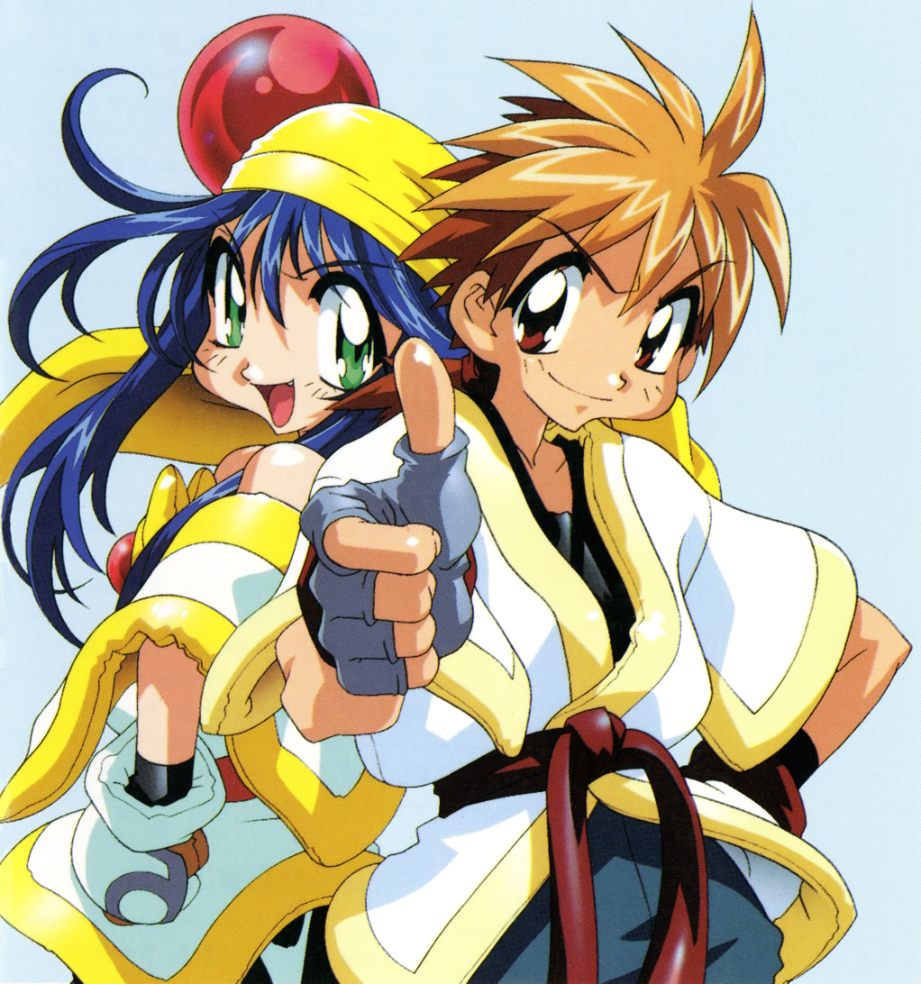 1990s_(style) 1boy 1girl back-to-back bandana blue_hair blurry blurry_background brown_hair fang fingerless_gloves gloves green_eyes hand_on_own_hip kotobuki_tsukasa lime_(saber_j) long_hair looking_at_viewer mamiya_otaru multicolored_hair non-web_source open_mouth outstretched_arm ponytail retro_artstyle saber_marionette_j scan sidelocks simple_background smile thumbs_up two-tone_hair
