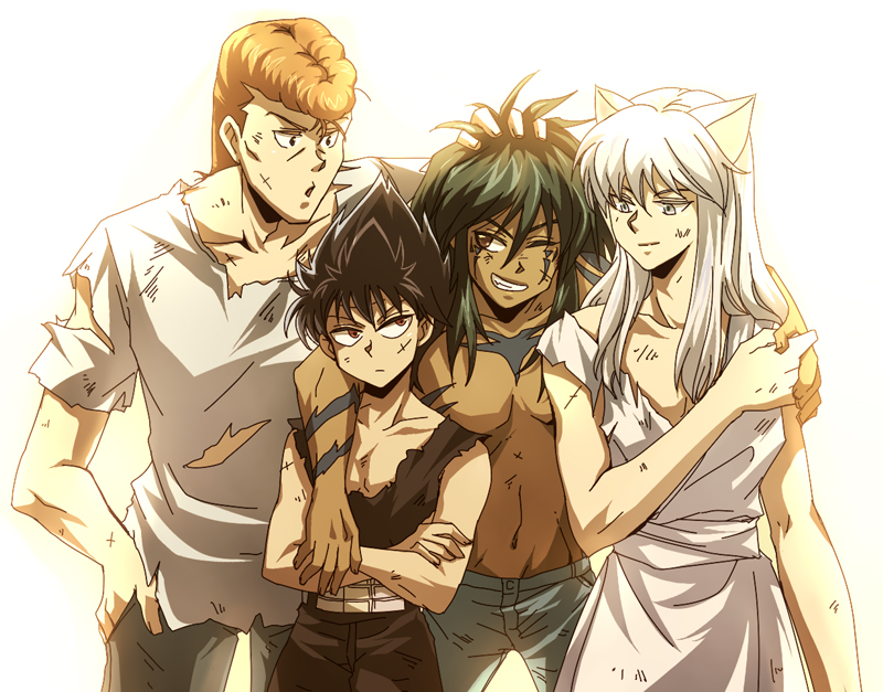 4boys animal_ears bad_id bad_pixiv_id black_hair brown_eyes crossed_arms dark-skinned_male dark_skin fox_ears hiei injury kuwabara_kazuma male_focus multiple_boys orange_hair red_hair scar scratches shirt simple_background sweetblossom topless_male torn_clothes torn_shirt urameshi_yuusuke white_background white_hair youko_kurama yuu_yuu_hakusho