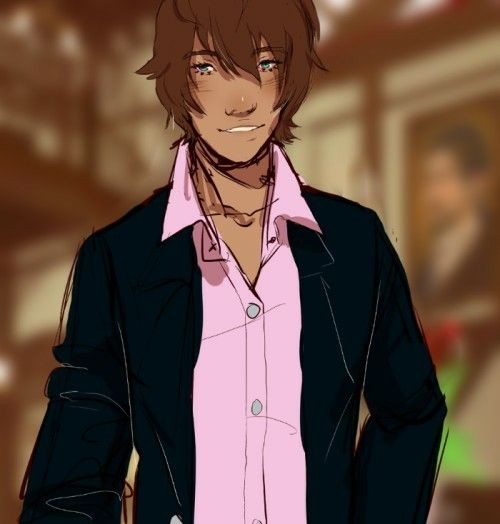 1boy big_nose black_jacket blazer blurry blurry_background brown_hair buttons collarbone collared_shirt cowboy_shot cropped dark-skinned_male dark_skin derivative_work miya_(girls_mode) dress_shirt facing_viewer wagamama_fashion_girls_mode green_eyes hand_on_own_hip indoors jacket looking_at_viewer male_focus nintendo pazsune portrait_(object) shirt smile solo girls_mode