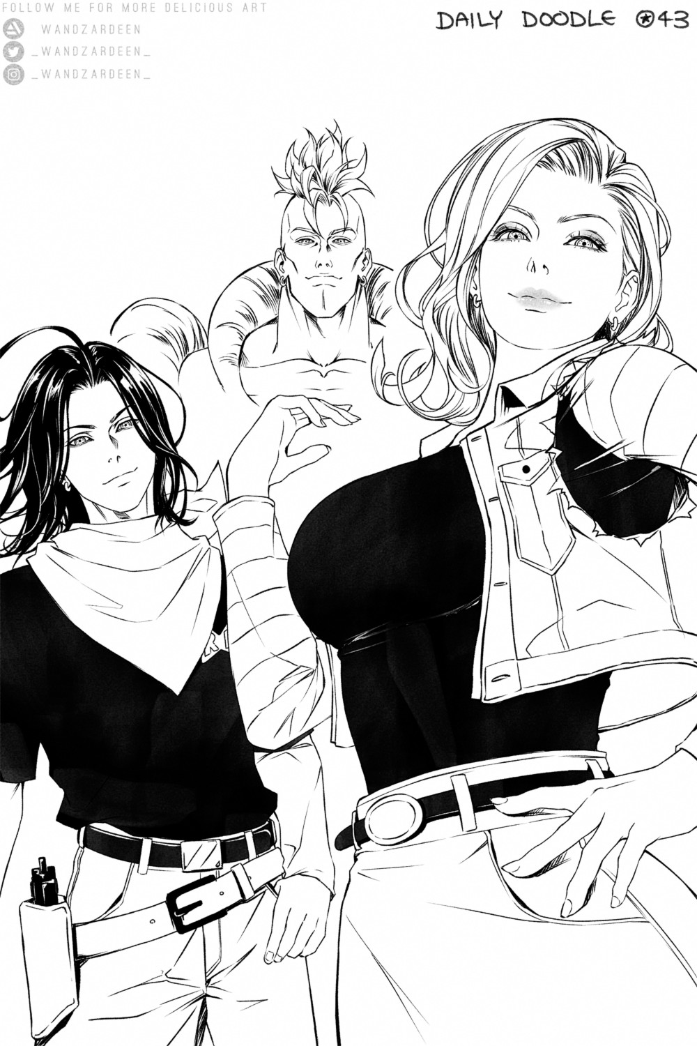 1girl 2boys android_16 android_17 android_18 belt black_hair breasts closed_mouth collarbone dragon_ball dragonball_z earrings english_text greyscale highres jacket jewelry large_breasts lineart long_hair looking_at_viewer mohawk monochrome multiple_boys open_clothes open_jacket smile smirk torn_clothes torn_sleeves wandzardeen
