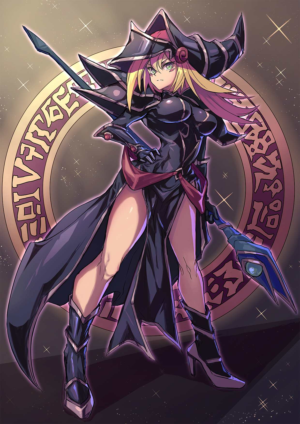 1girl blonde_hair boots breasts cosplay dark_magician dark_magician_(cosplay) dark_magician_girl duel_monster frown full_body green_eyes hand_on_own_hip hat highres holding holding_staff knee_boots large_breasts looking_to_the_side magic_circle magical_girl no_pants shouma_(bravespiritya) staff staff_(weapon) standing wizard_hat yu-gi-oh!