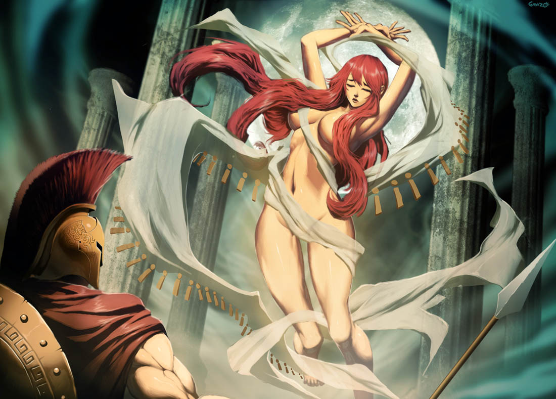 1boy 1girl 300_(movie) ancient_greek_clothes architecture breasts censored convenient_censoring corinthian_helmet curvy dancing drugged genzoman greco-roman_clothes hair_censor helm helmet knight large_breasts leonidas long_hair muscular nude pillar polearm pythia red_hair shield spear weapon wide_hips
