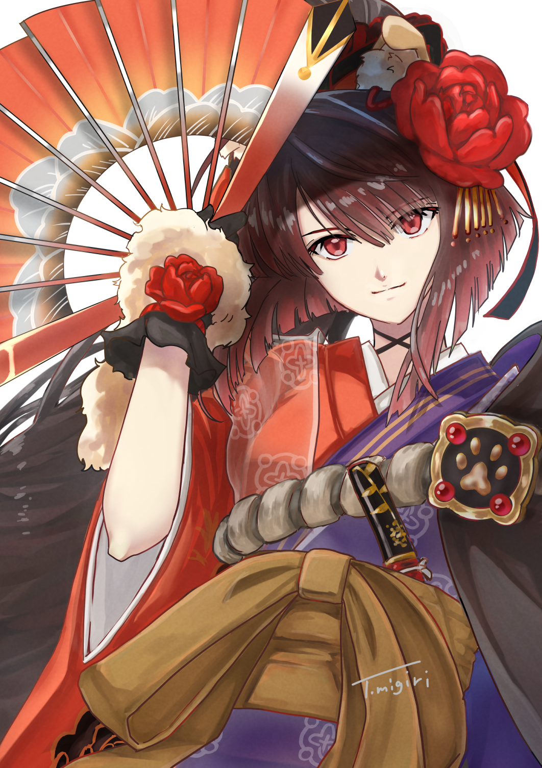 1girl black_gloves brown_hair fate/grand_order fate_(series) flower folding_fan gloves hair_flower hair_ornament hand_fan highres japanese_clothes kimono kyokutei_bakin_(fate) kyokutei_bakin_(second_ascension)_(fate) long_hair ponytail red_eyes signature smile tokiwa_migiri white_background