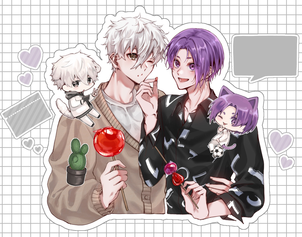 2boys ball black_shirt blue_lock brown_cardigan cactus cardigan chibi chibi_inset choki_(blue_lock) collared_shirt crescent_print cropped_torso food grid_background heart long_sleeves male_focus mikage_reo multiple_boys nagi_seishirou outline purple_hair shirt short_hair soccer_ball two-tone_shirt wagashi white_hair white_outline white_shirt yaoi yomogi_(user_rvdf7243)