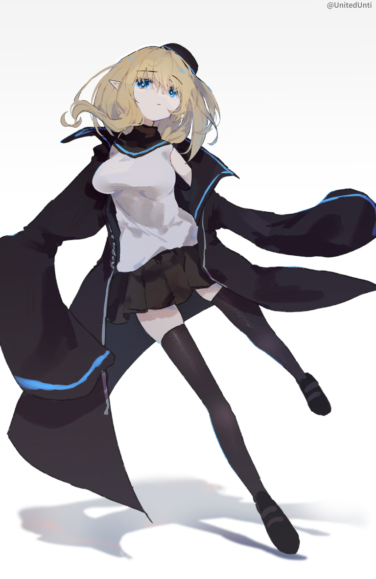 1girl arknights black_coat black_footwear black_hat black_skirt black_thighhighs blonde_hair blue_eyes coat commentary durin_(arknights) expressionless full_body garrison_cap grey_background hat long_hair long_sleeves open_clothes open_coat pleated_skirt pointy_ears shadow shirt simple_background skirt sleeveless sleeveless_shirt sleeves_past_fingers sleeves_past_wrists solo thighhighs twitter_username unitedunti white_shirt