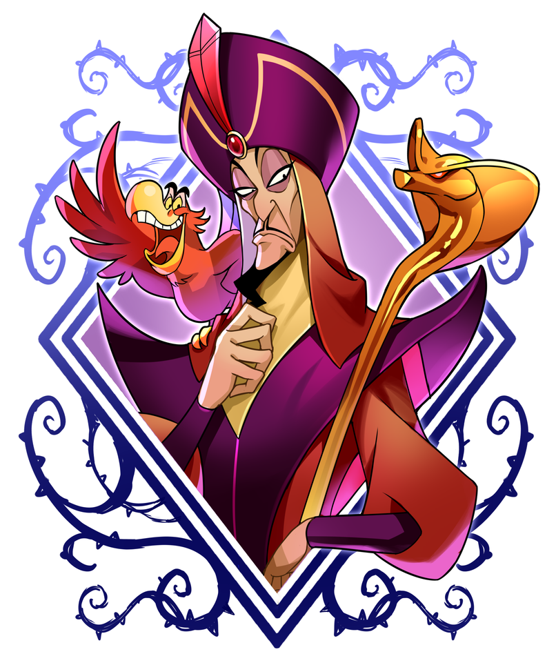 1boy aladdin_(movie) ancient_egyptian_clothes beard bird border closed_mouth commentary_request dark-skinned_male dark_skin disney facial_hair feathers frown gem half-closed_eyes hand_on_own_chest hat jafar kyo-hei_(kyouhei) looking_at_viewer male_focus open_mouth parrot plant pointy_nose puffy_sleeves shadow solo staff teeth upper_body upper_teeth_only v-shaped_eyebrows vines yellow_eyes