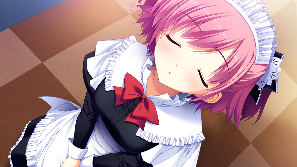 1girl apron black_bow black_shirt black_skirt blush bow bowtie breasts carpet checkered_floor closed_eyes dress dutch_angle facing_viewer frilled_bow frilled_dress frills fumio_(ura_fmo) game_cg grisaia_(series) grisaia_no_kajitsu hair_bow indoors juliet_sleeves komine_sachi long_skirt long_sleeves maid maid_headdress medium_breasts non-web_source open_mouth pink_hair puffy_sleeves red_bow red_bowtie shirt short_hair skirt solo standing swept_bangs v_arms variant_set waist_apron white_apron