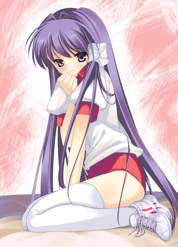 1girl arikawa_satoru buruma clannad clenched_hand embarrassed fujibayashi_kyou gym_uniform hair_intakes hair_ribbon hand_up long_hair puffy_short_sleeves puffy_sleeves purple_eyes purple_hair red_buruma ribbon shirt shoes short_sleeves sitting solo thighhighs thighs very_long_hair wariza white_shirt white_shoes white_thighhighs