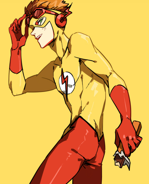 1boy bodysuit dc_comics doudoude_dou food freckles glasses gloves goggles green_eyes kid_flash male_focus mask orange_hair short_hair simple_background solo wally_west young_justice:_invasion