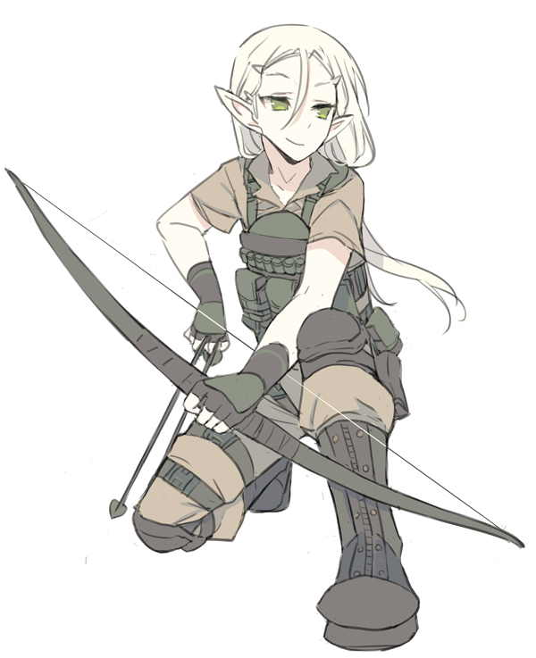 1boy androgynous arrow_(projectile) bishounen blade_(galaxist) blonde_hair bow_(weapon) closed_mouth elf erik_burton forehead full_body green_eyes hair_between_eyes holding holding_bow_(weapon) holding_weapon kneeling load_bearing_vest long_hair looking_to_the_side male_focus military_operator on_one_knee pointy_ears pop-up_story short_sleeves simple_background smile solo weapon white_background