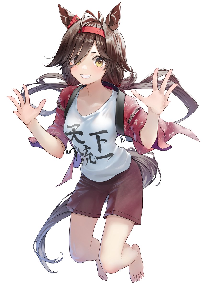 1girl animal_ears antenna_hair barefoot breasts brown_hair chanchanko_(clothes) commentary_request ear_ornament full_body headband horse_ears horse_girl horse_tail long_hair nabe_puyo no_reason_(umamusume) red_headband red_shorts shirt shorts simple_background small_breasts smile solo tail twintails umamusume very_long_hair white_background white_shirt yellow_eyes