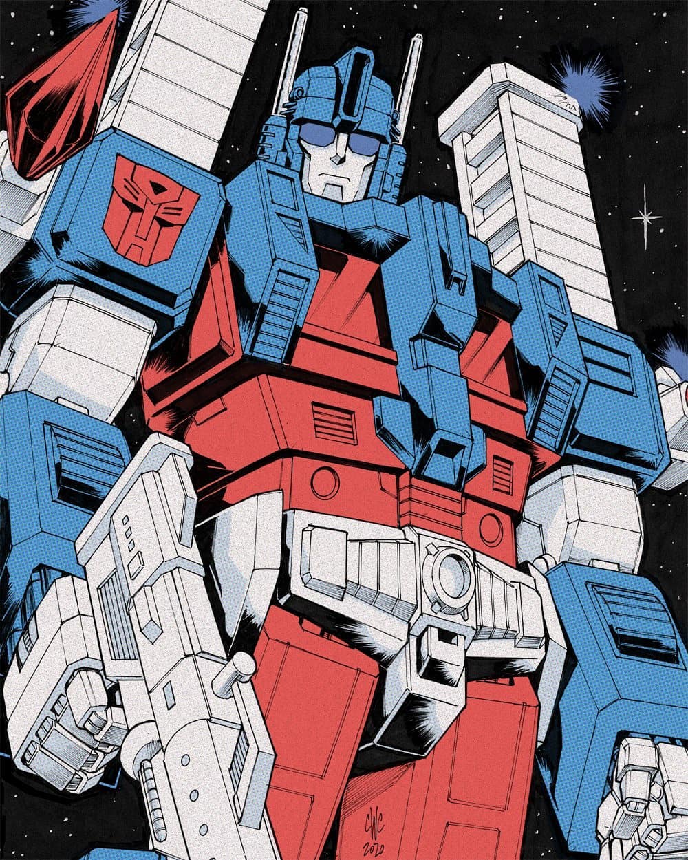 1980s_(style) 1boy autobot blue_eyes casey_w._coller clenched_hand gun highres holding holding_gun holding_weapon insignia looking_at_viewer looking_down male_focus mecha no_humans oldschool retro_artstyle robot science_fiction solo space transformers ultra_magnus weapon