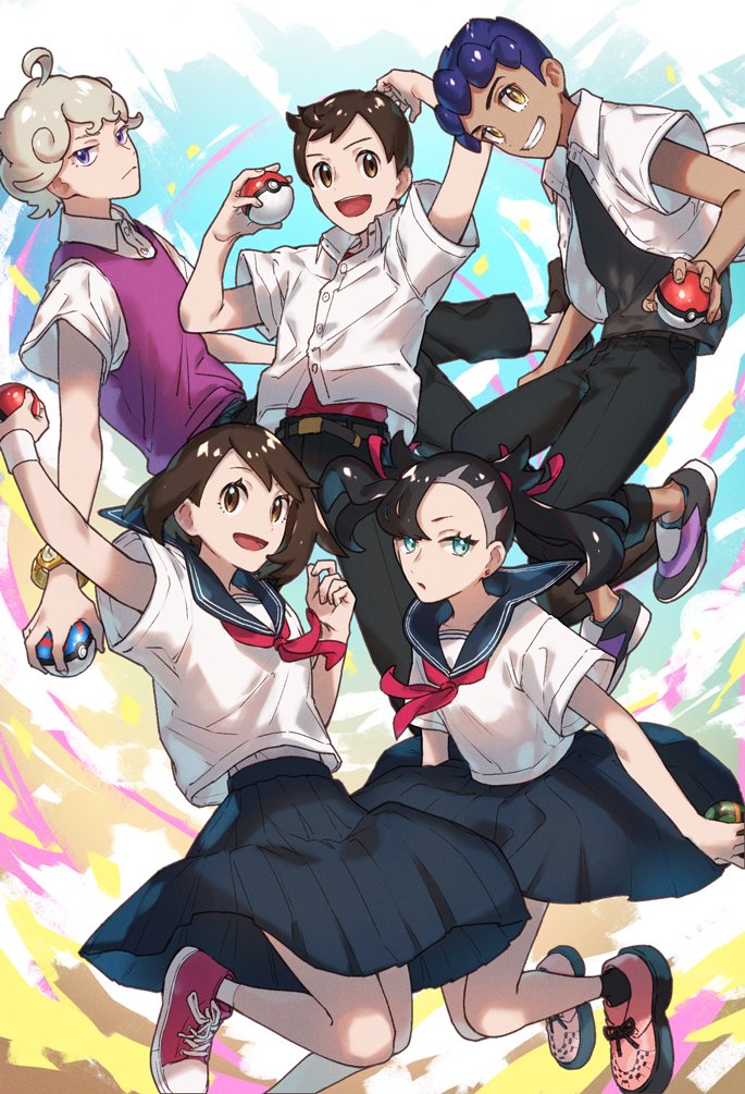 2girls 3boys :d ahoge alternate_costume arm_up asymmetrical_bangs bede_(pokemon) black_hair black_pants black_skirt blonde_hair bob_cut brown_eyes brown_hair buttons commentary_request curly_hair dark-skinned_male dark_skin earrings gloria_(pokemon) great_ball green_eyes grin hair_ribbon holding holding_poke_ball hop_(pokemon) jewelry marnie_(pokemon) multiple_boys multiple_girls nintendo open_mouth pants pink_shoes pleated_skirt poke_ball poke_ball_(basic) pokemon pokemon_swsh purple_vest red_ribbon ribbon sailor_collar school_uniform shirt shoes short_hair short_sleeves skirt smile suruga_dbh teeth vest victor_(pokemon) watch white_shirt wristband wristwatch yellow_eyes