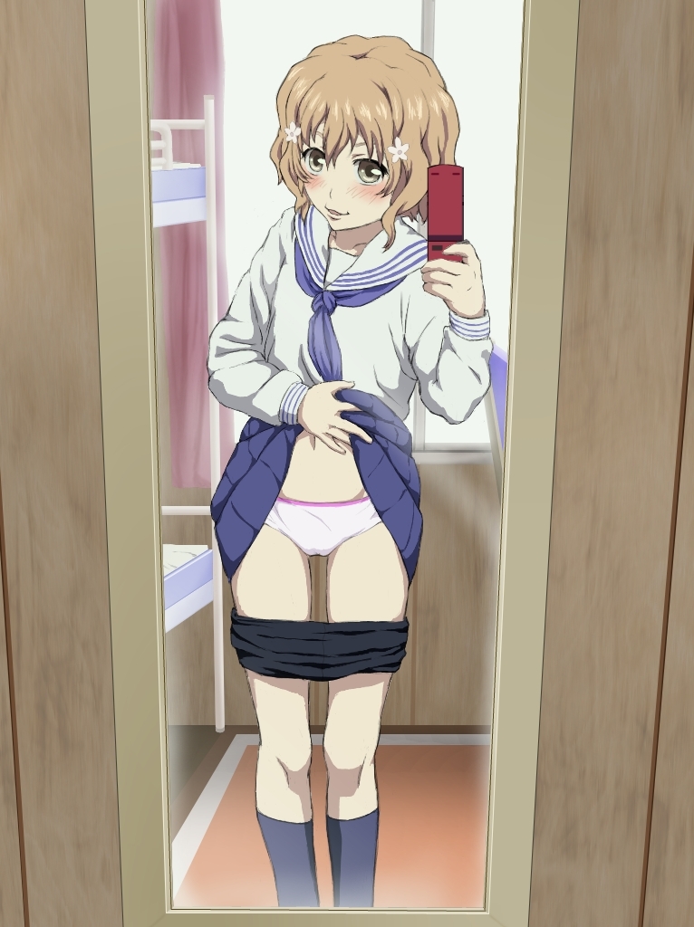 10s 1girl bed blonde_hair blush bunk_bed camera cellphone clothes_lift curtains dom_(jiromike2000) feet_out_of_frame female_focus flip_phone hanasaku_iroha lifting_own_clothes looking_at_viewer matsumae_ohana mirror panties phone presenting reflection school_uniform self_exposure selfie serafuku short_hair skirt skirt_lift socks solo standing underwear window
