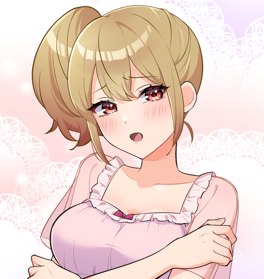 1girl :d blonde_hair blush breasts cleavage crossed_arms double-parted_bangs dress junjonta medium_breasts open_mouth original pink_background pink_dress red_eyes side_ponytail sidelocks smile solo upper_body