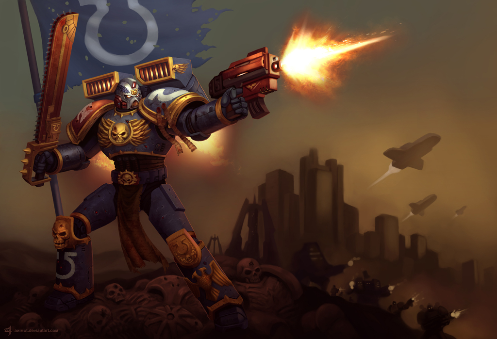 6+boys adeptus_astartes animot armor artist_name battle bullet_hole chainsword city dreadnought_(warhammer_40k) firing flag gun handgun helmet male_focus multiple_boys pauldrons pistol realistic science_fiction shoulder_armor skull solo_focus space_marine spacecraft ultramarines warhammer_40k weapon