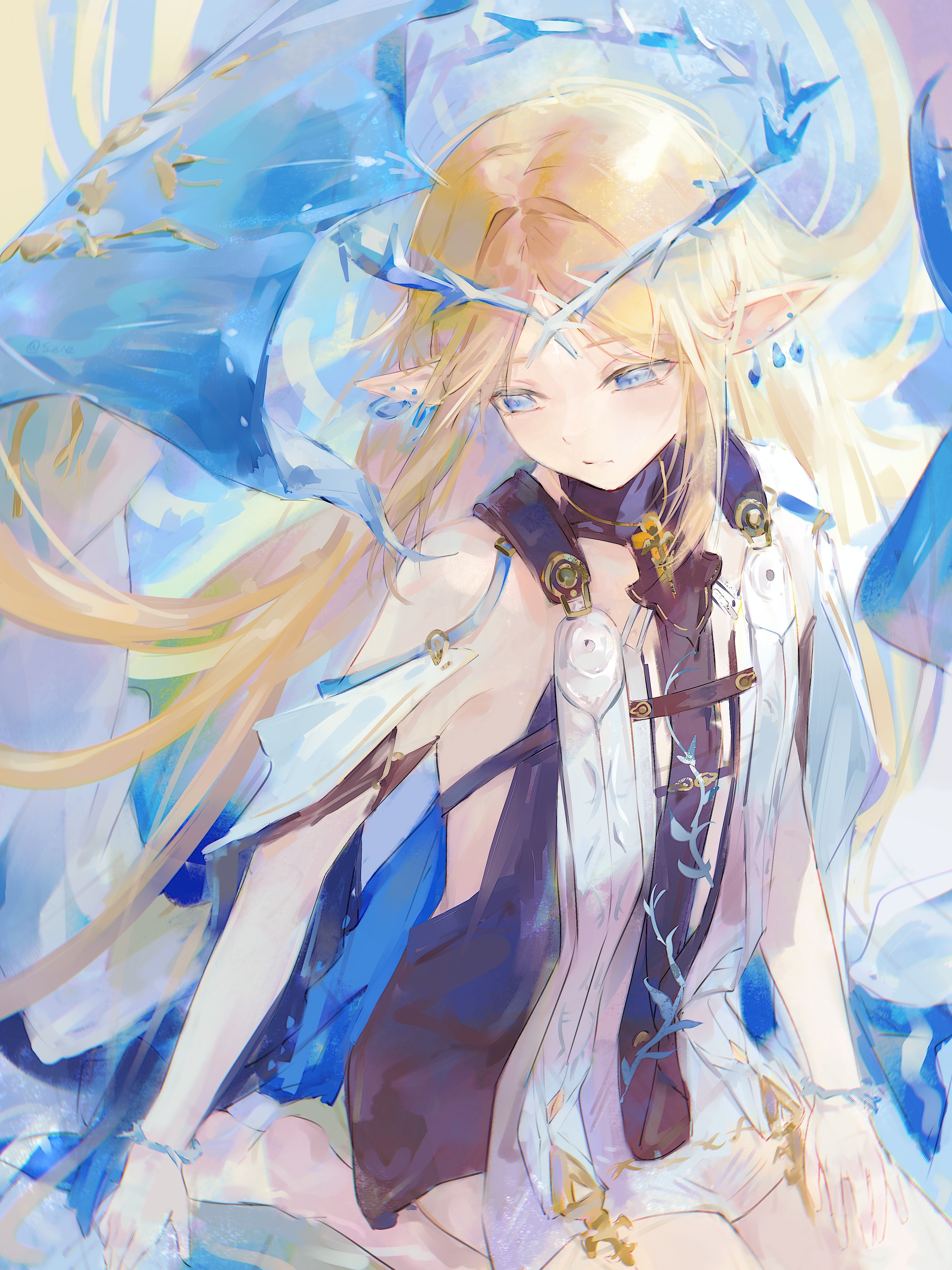 1girl absurdres bare_shoulders barefoot black_dress blonde_hair blue_eyes cartethyia_(wuthering_waves) closed_mouth commentary_request crown_of_thorns dress earrings flat_chest highres honseie jewelry long_hair looking_to_the_side pointy_ears seiza sidelocks sitting solo tabard very_long_hair white_tabard wuthering_waves