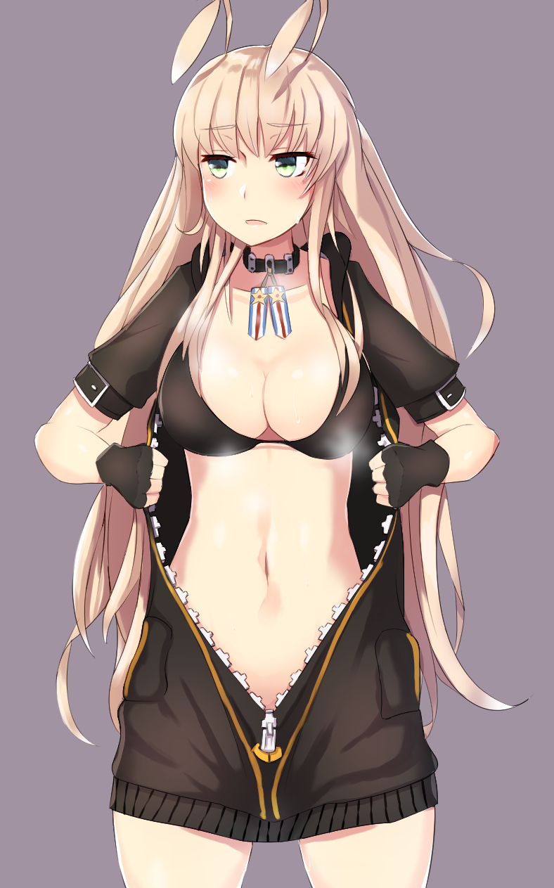 1girl antenna_hair antennae azur_lane bikini black_bikini black_collar black_hoodie blonde_hair blush breasts cleavage collar collarbone commentary_request cowboy_shot female_focus fingerless_gloves fuki_to_takenoko gloves green_eyes grey_background highres holding holding_unworn_clothes hood hood_down hoodie large_breasts long_hair long_hoodie looking_to_the_side midriff navel open_clothes open_hoodie open_mouth partially_unzipped shadow short_sleeves sidelocks simple_background solo standing steam stomach sweat swimsuit wasp_(azur_lane) zipper zipper_pull_tab